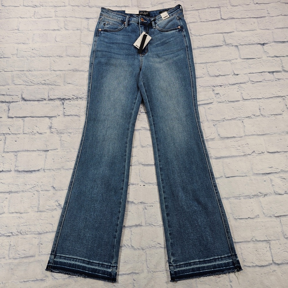 Judy Blue Slim Bootcut Jeans Womens 11/30 Med Blue High Waist Raw Hem JB88626